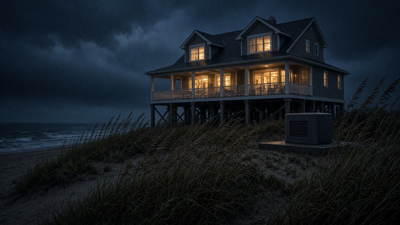 Beach house lit by generator power (illustration)